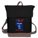 Fly Wisconsin - State Flag - Biplane - Canvas Backpack - black/brown