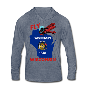 Fly Wisconsin - State Flag - Biplane - Unisex Tri-Blend Hoodie Shirt - heather blue