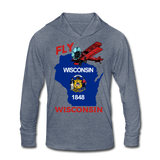 Fly Wisconsin - State Flag - Biplane - Unisex Tri-Blend Hoodie Shirt - heather blue