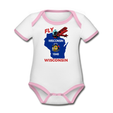 Fly Wisconsin - State Flag - Biplane - Organic Contrast Short Sleeve Baby Bodysuit - white/pink