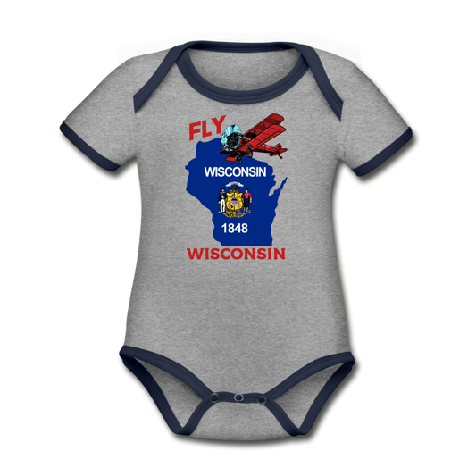 Fly Wisconsin - State Flag - Biplane - Organic Contrast Short Sleeve Baby Bodysuit - heather gray/navy