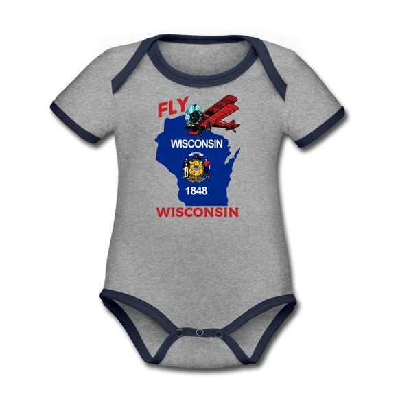 Fly Wisconsin - State Flag - Biplane - Organic Contrast Short Sleeve Baby Bodysuit - heather gray/navy