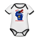 Fly Wisconsin - State Flag - Biplane - Organic Contrast Short Sleeve Baby Bodysuit - white/black