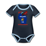 Fly Wisconsin - State Flag - Biplane - Organic Contrast Short Sleeve Baby Bodysuit - navy/sky