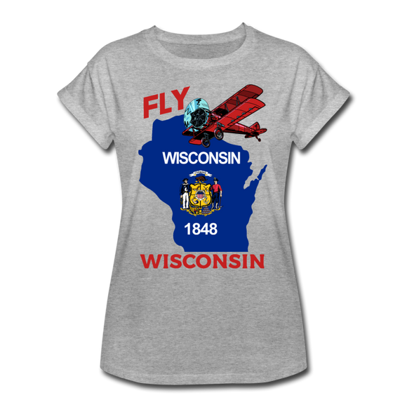 Fly Wisconsin - State Flag - Biplane - Women's Relaxed Fit T-Shirt - heather gray