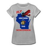 Fly Wisconsin - State Flag - Biplane - Women's Relaxed Fit T-Shirt - heather gray