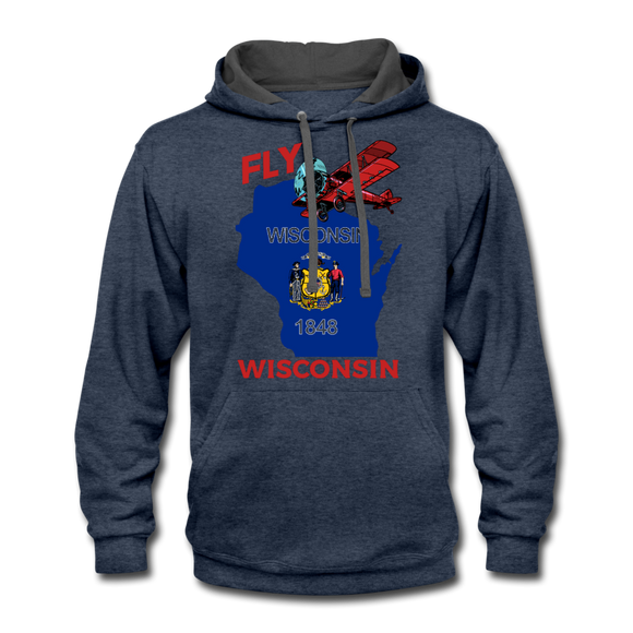 Fly Wisconsin - State Flag - Biplane - Contrast Hoodie - indigo heather/asphalt