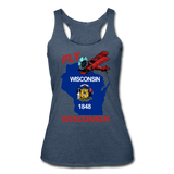 Fly Wisconsin - State Flag - Biplane - Women’s Tri-Blend Racerback Tank - heather navy