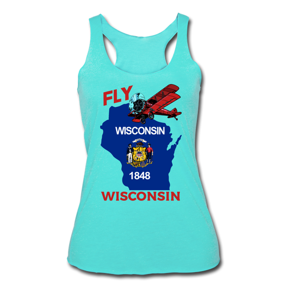 Fly Wisconsin - State Flag - Biplane - Women’s Tri-Blend Racerback Tank - turquoise