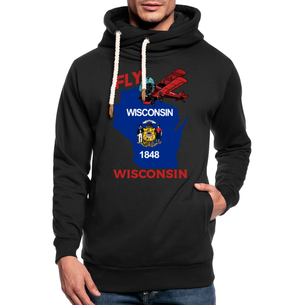 Fly Wisconsin - State Flag - Biplane - Shawl Collar Hoodie - black