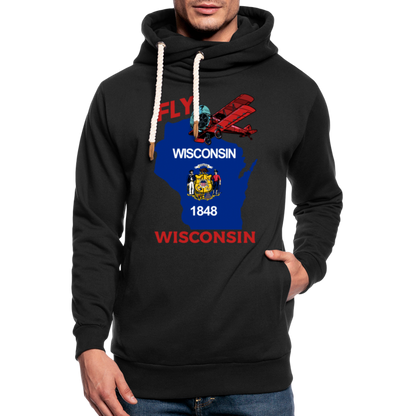 Fly Wisconsin - State Flag - Biplane - Shawl Collar Hoodie - black