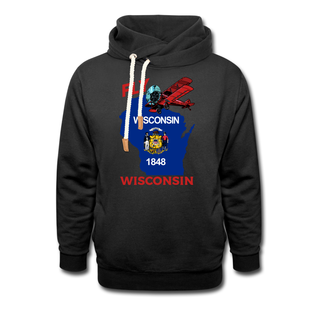 Fly Wisconsin - State Flag - Biplane - Shawl Collar Hoodie - black