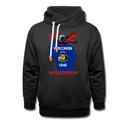 Fly Wisconsin - State Flag - Biplane - Shawl Collar Hoodie - black