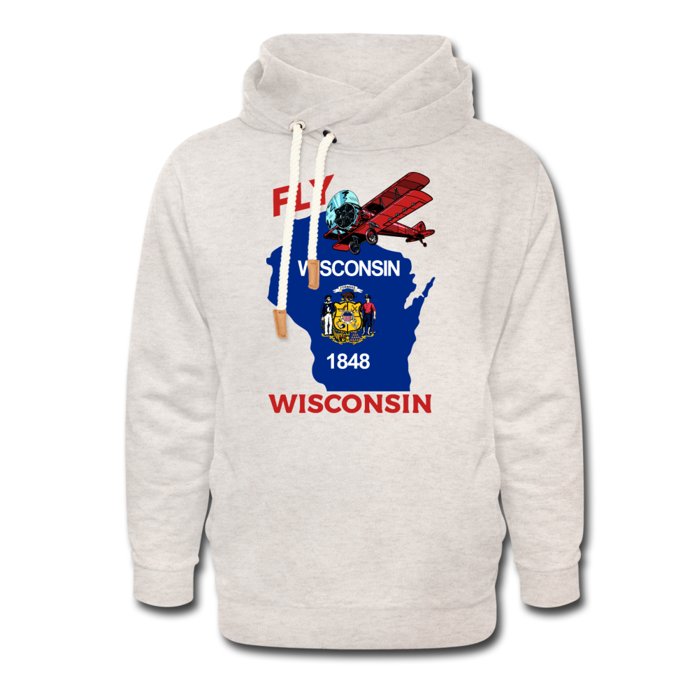 Fly Wisconsin - State Flag - Biplane - Shawl Collar Hoodie - heather oatmeal