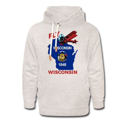 Fly Wisconsin - State Flag - Biplane - Shawl Collar Hoodie - heather oatmeal