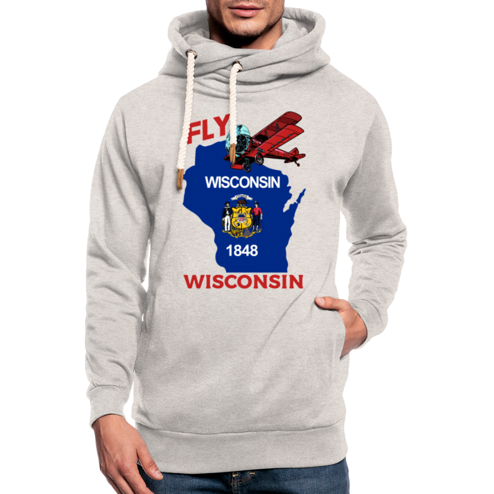 Fly Wisconsin - State Flag - Biplane - Shawl Collar Hoodie - heather oatmeal