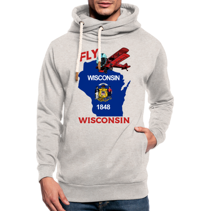 Fly Wisconsin - State Flag - Biplane - Shawl Collar Hoodie - heather oatmeal