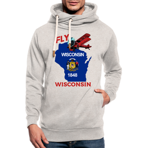 Fly Wisconsin - State Flag - Biplane - Shawl Collar Hoodie - heather oatmeal