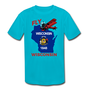 Fly Wisconsin - State Flag - Biplane - Kids' Moisture Wicking Performance T-Shirt - turquoise