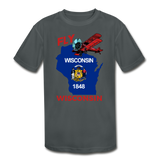 Fly Wisconsin - State Flag - Biplane - Kids' Moisture Wicking Performance T-Shirt - charcoal