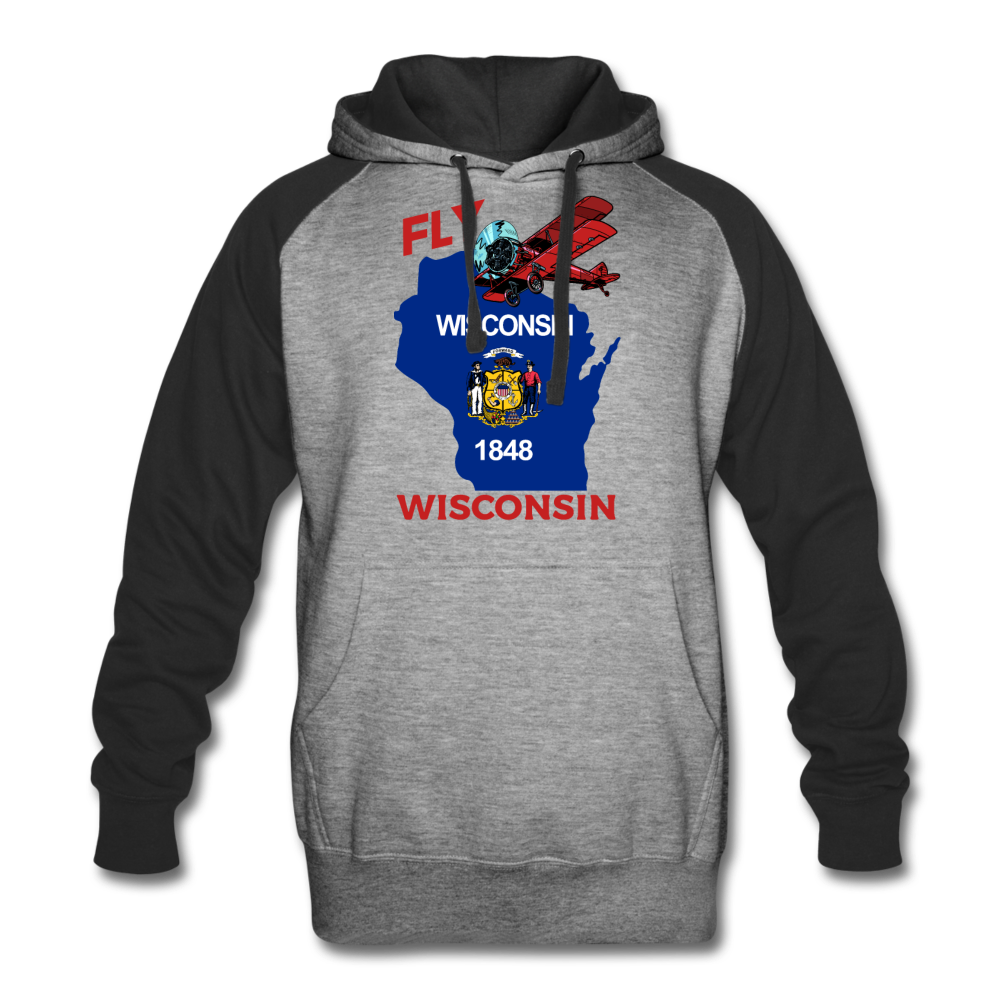 Fly Wisconsin - State Flag - Biplane - Colorblock Hoodie - heather gray/black