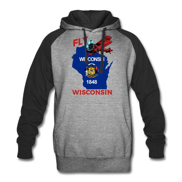 Fly Wisconsin - State Flag - Biplane - Colorblock Hoodie - heather gray/black