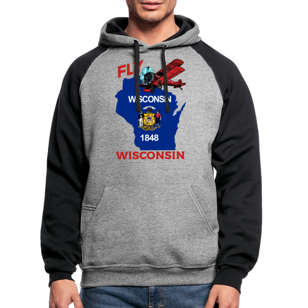 Fly Wisconsin - State Flag - Biplane - Colorblock Hoodie - heather gray/black