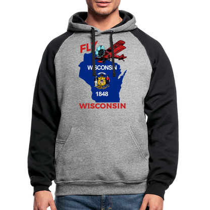 Fly Wisconsin - State Flag - Biplane - Colorblock Hoodie - heather gray/black