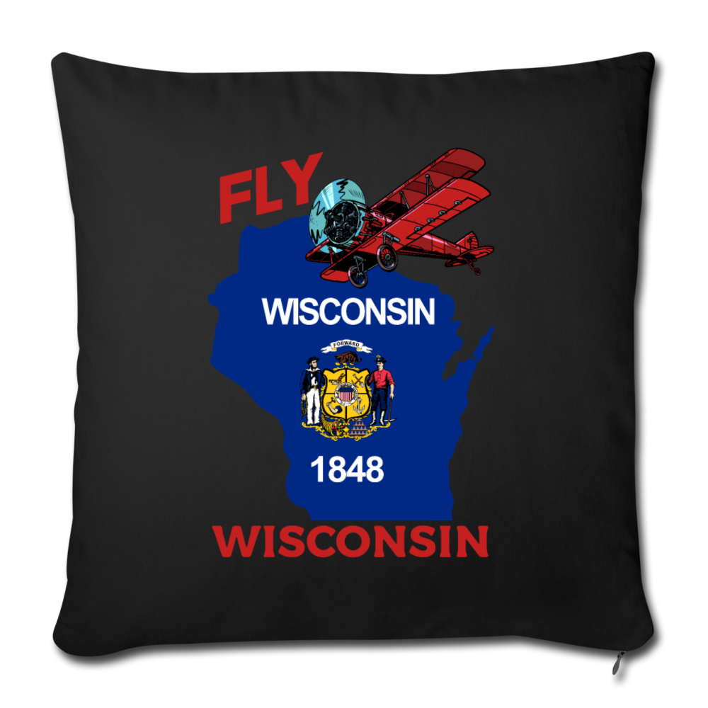 Fly Wisconsin - State Flag - Biplane - Throw Pillow Cover 18” x 18” - black