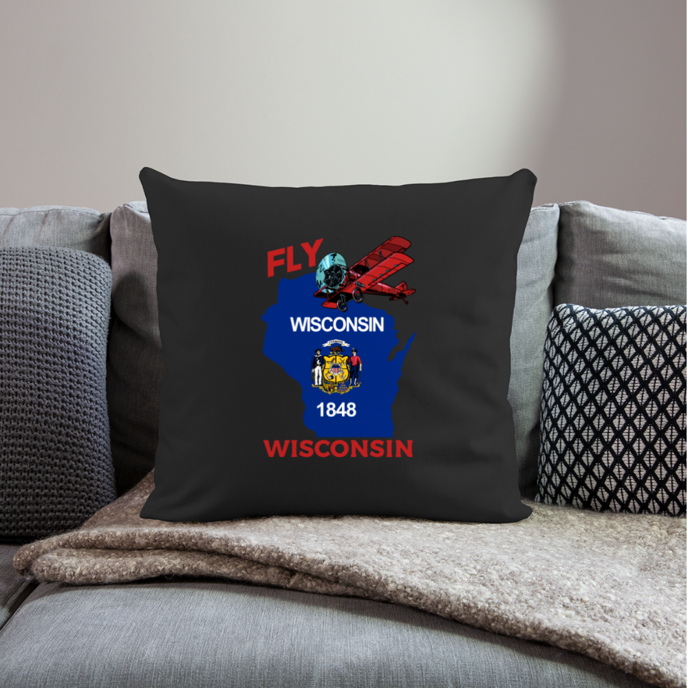 Fly Wisconsin - State Flag - Biplane - Throw Pillow Cover 18” x 18” - black