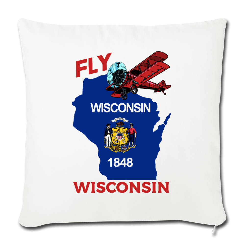 Fly Wisconsin - State Flag - Biplane - Throw Pillow Cover 18” x 18” - natural white