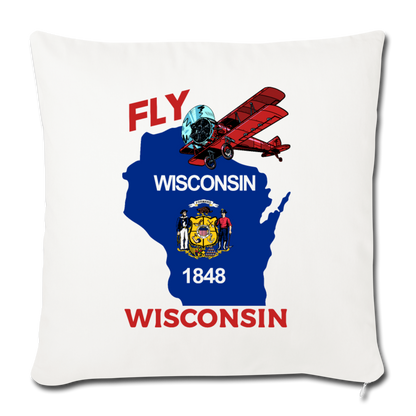 Fly Wisconsin - State Flag - Biplane - Throw Pillow Cover 18” x 18” - natural white