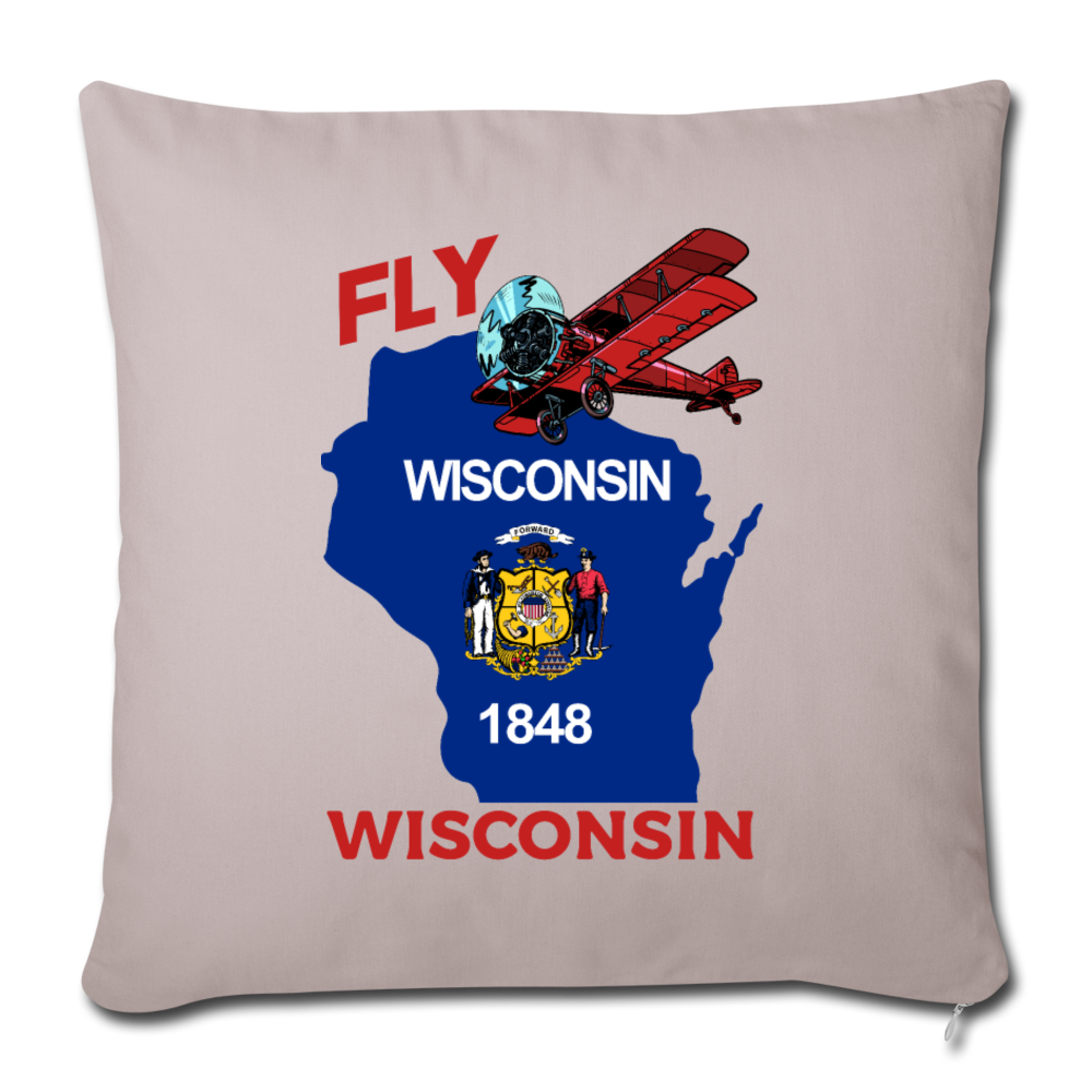 Fly Wisconsin - State Flag - Biplane - Throw Pillow Cover 18” x 18” - light taupe