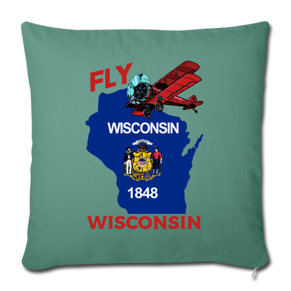 Fly Wisconsin - State Flag - Biplane - Throw Pillow Cover 18” x 18” - cypress green