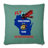 Fly Wisconsin - State Flag - Biplane - Throw Pillow Cover 18” x 18” - cypress green