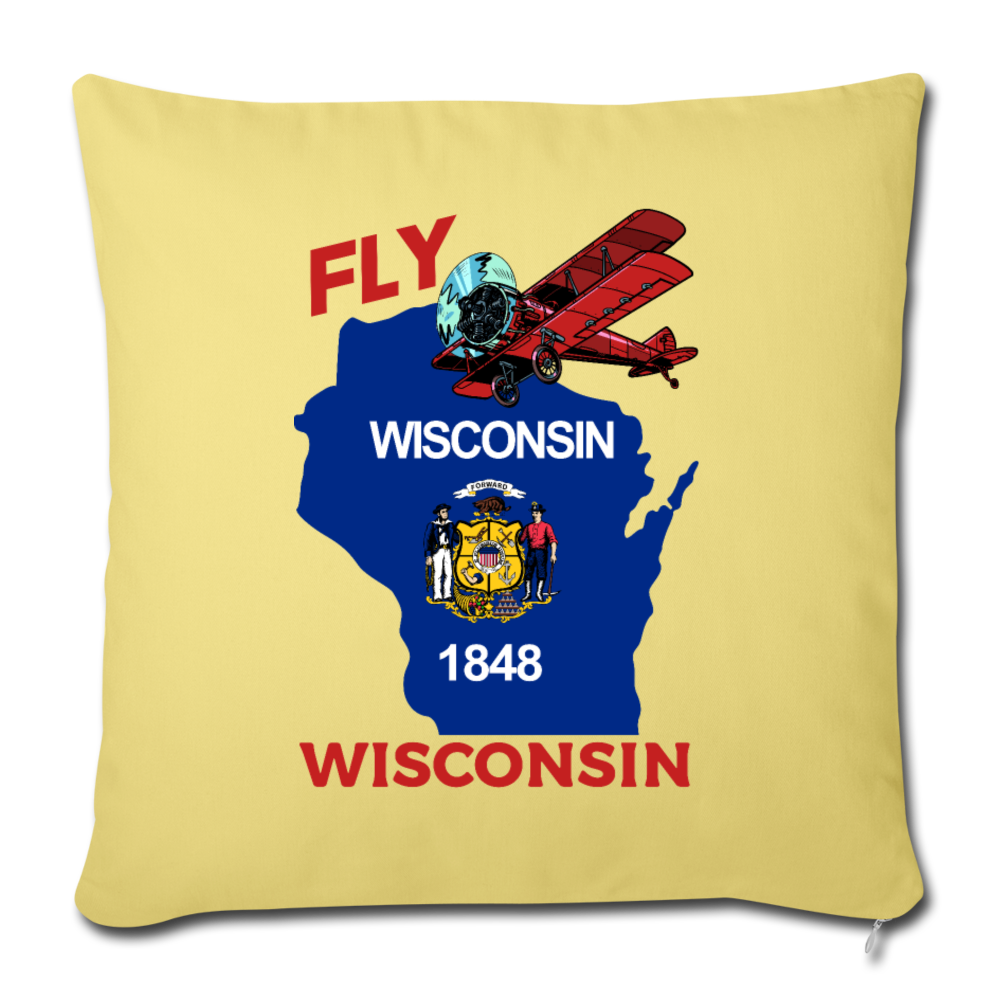 Fly Wisconsin - State Flag - Biplane - Throw Pillow Cover 18” x 18” - washed yellow