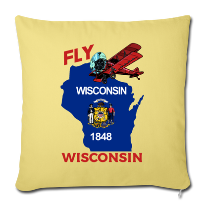 Fly Wisconsin - State Flag - Biplane - Throw Pillow Cover 18” x 18” - washed yellow