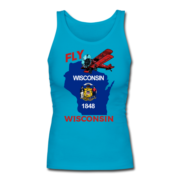Fly Wisconsin - State Flag - Biplane - Women's Longer Length Fitted Tank - turquoise