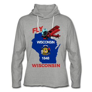 Fly Wisconsin - State Flag - Biplane - Unisex Lightweight Terry Hoodie - charcoal grey