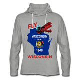 Fly Wisconsin - State Flag - Biplane - Unisex Lightweight Terry Hoodie - heather gray