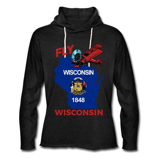 Fly Wisconsin - State Flag - Biplane - Unisex Lightweight Terry Hoodie - charcoal grey