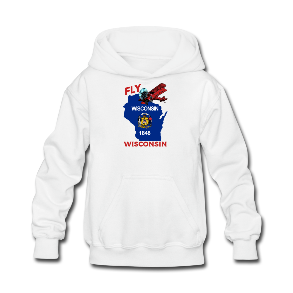 Fly Wisconsin - State Flag - Biplane - Kids' Hoodie - white