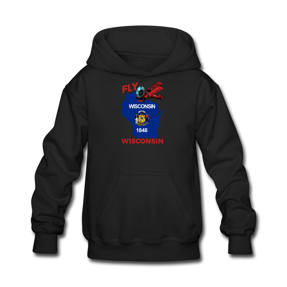 Fly Wisconsin - State Flag - Biplane - Kids' Hoodie - black