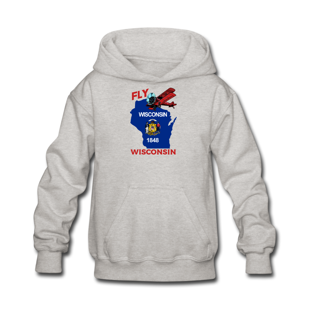 Fly Wisconsin - State Flag - Biplane - Kids' Hoodie - heather gray