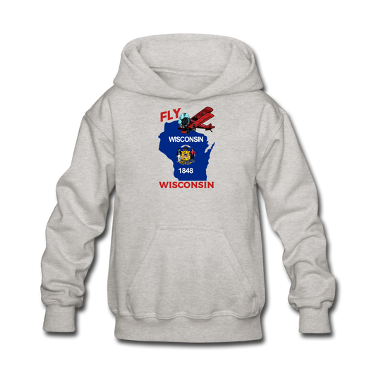 Fly Wisconsin - State Flag - Biplane - Kids' Hoodie - heather gray