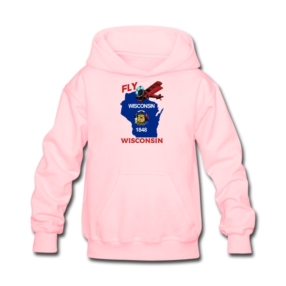 Fly Wisconsin - State Flag - Biplane - Kids' Hoodie - pink