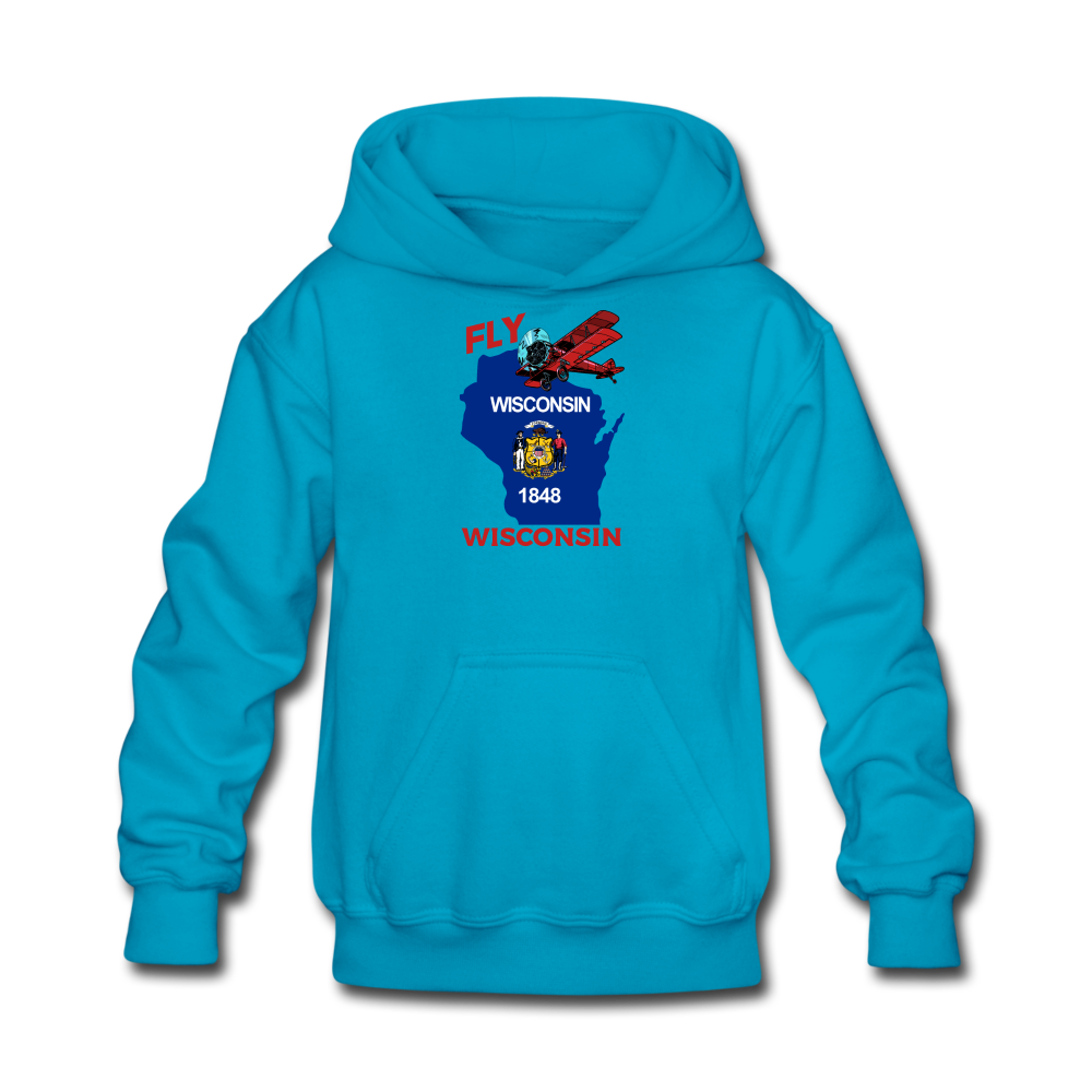 Fly Wisconsin - State Flag - Biplane - Kids' Hoodie - turquoise