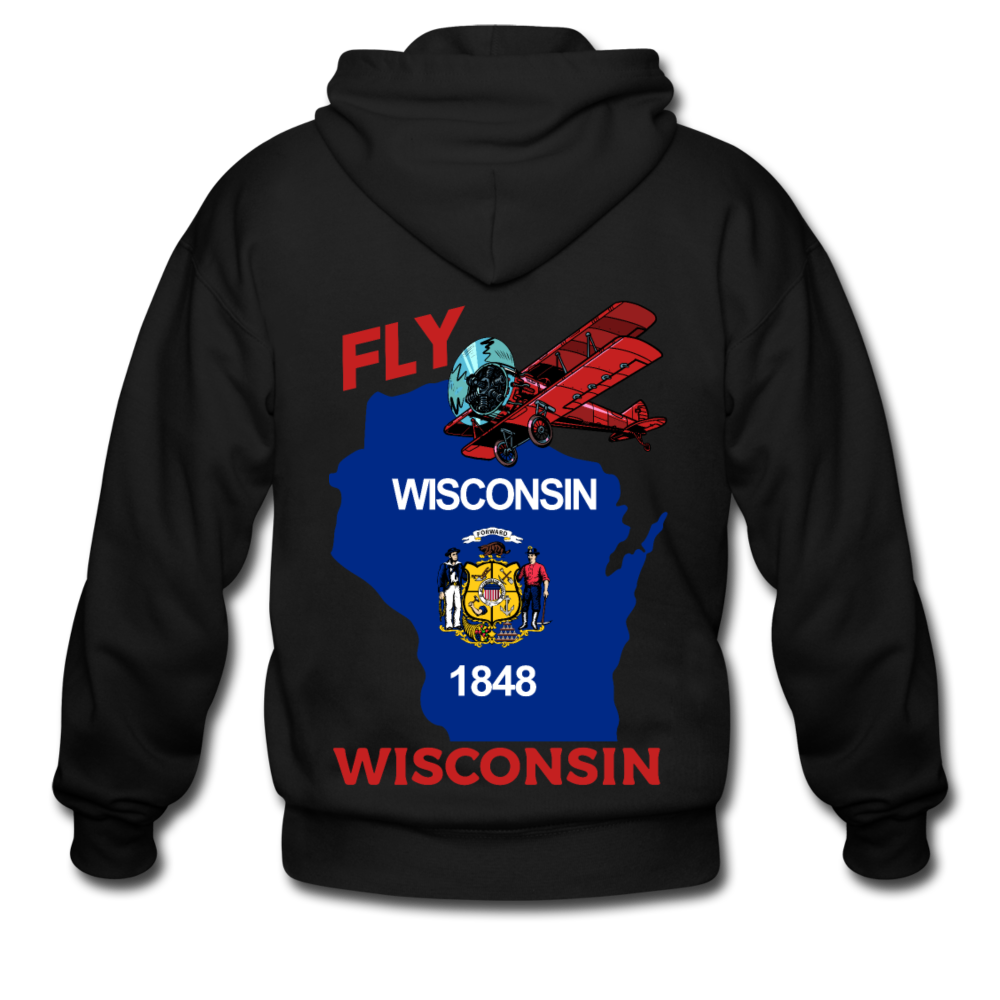 Fly Wisconsin - State Flag - Biplane - Men's Zip Hoodie - black