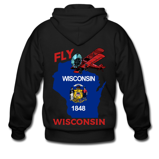 Fly Wisconsin - State Flag - Biplane - Men's Zip Hoodie - black