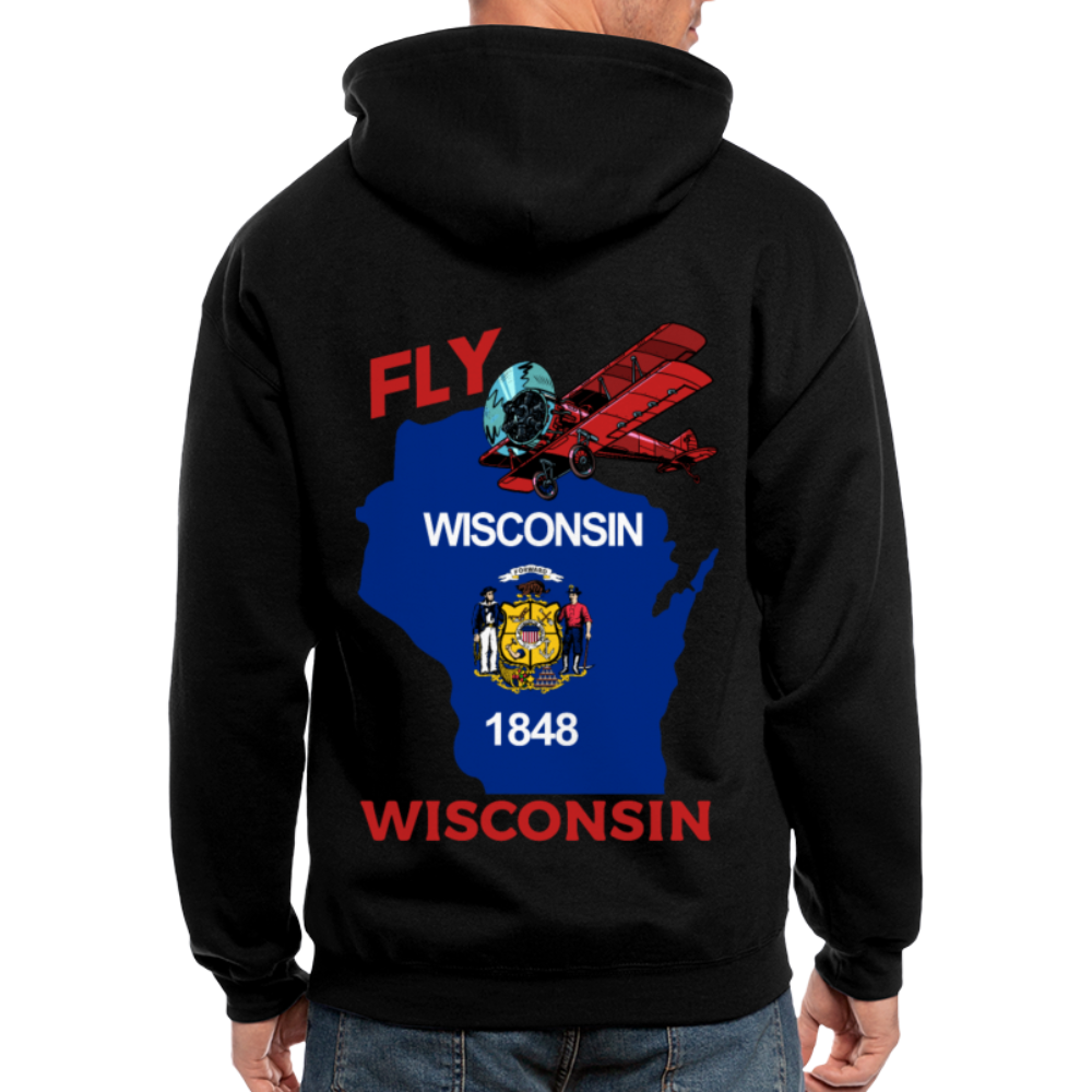 Fly Wisconsin - State Flag - Biplane - Men's Zip Hoodie - black